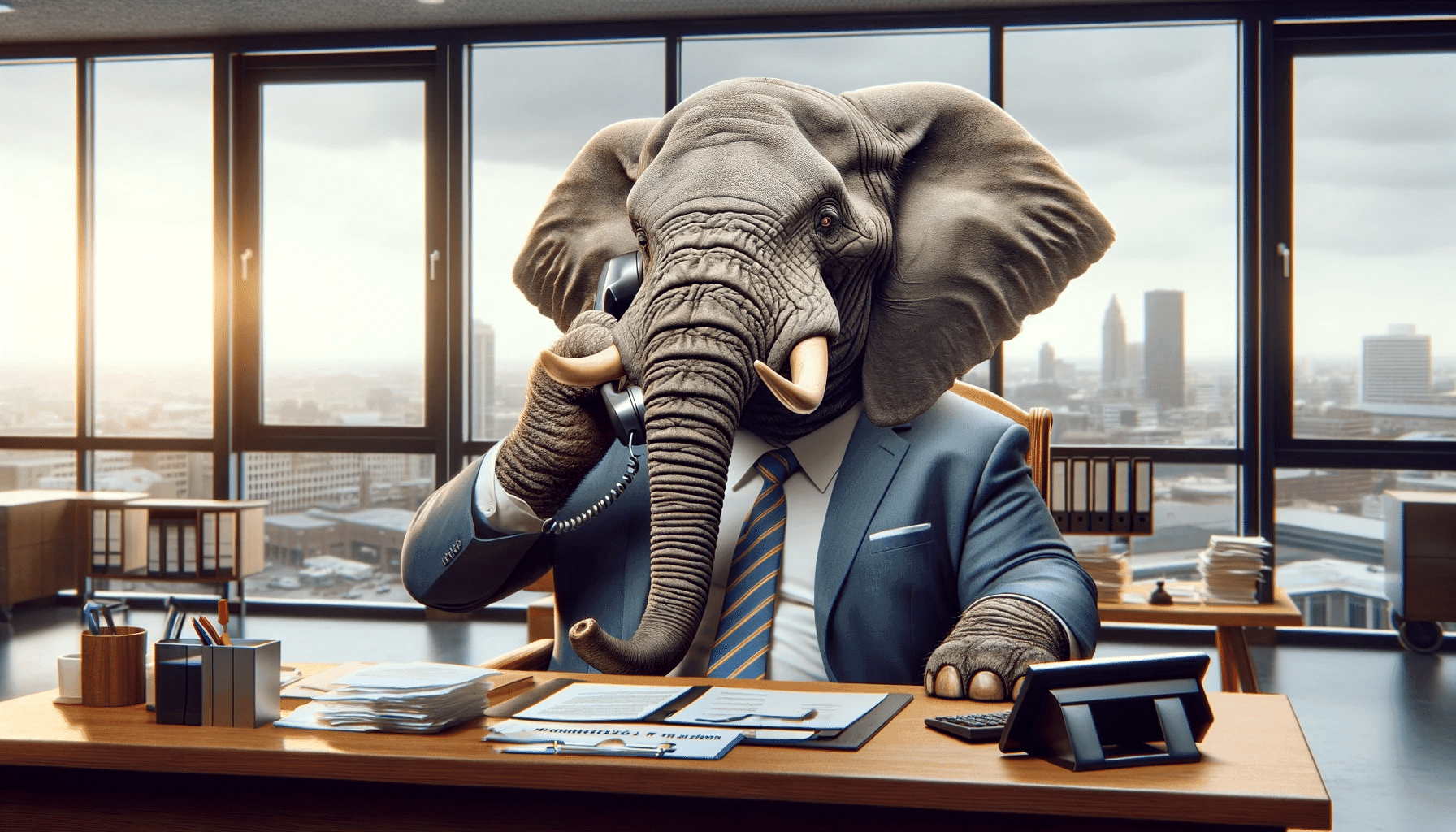 Elefant im Anzug telefoniert