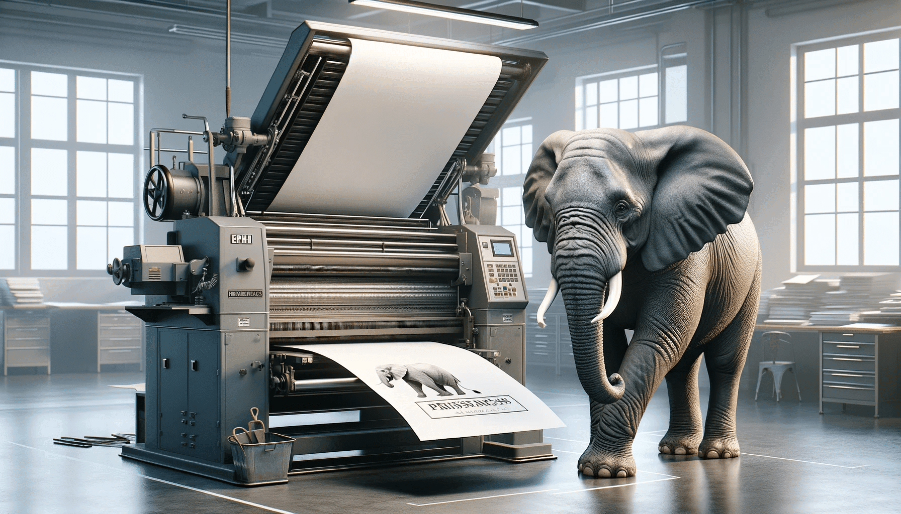 Elefant druckt Bild mit Drucker