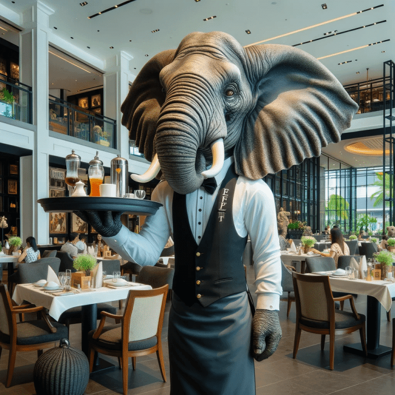 Elefant Kellner serviert Getränke