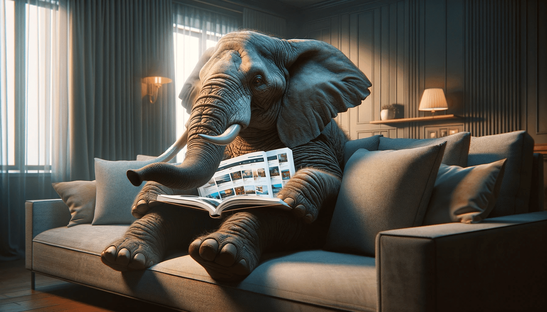 Elefant liest Buch auf Sofa