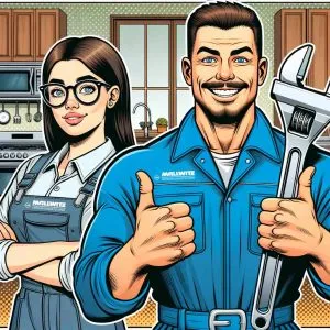 Klempner mit Werkzeug und Kollegin