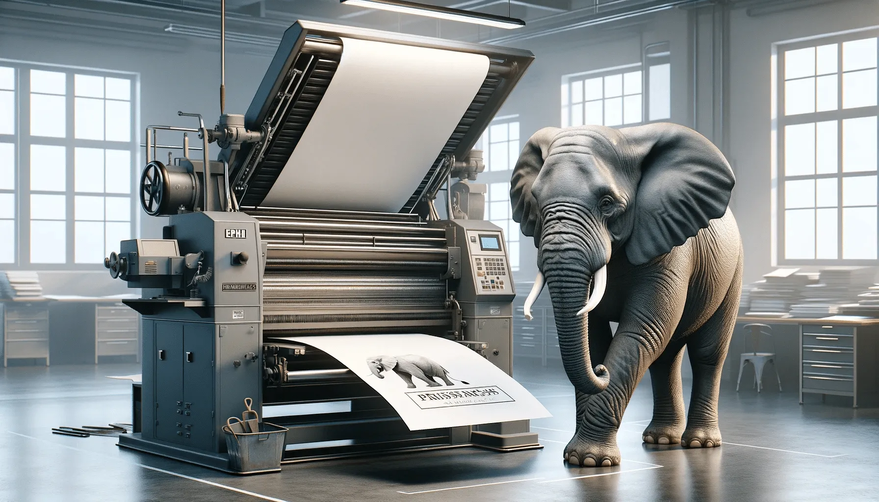 Elefant druckt Bild mit Drucker