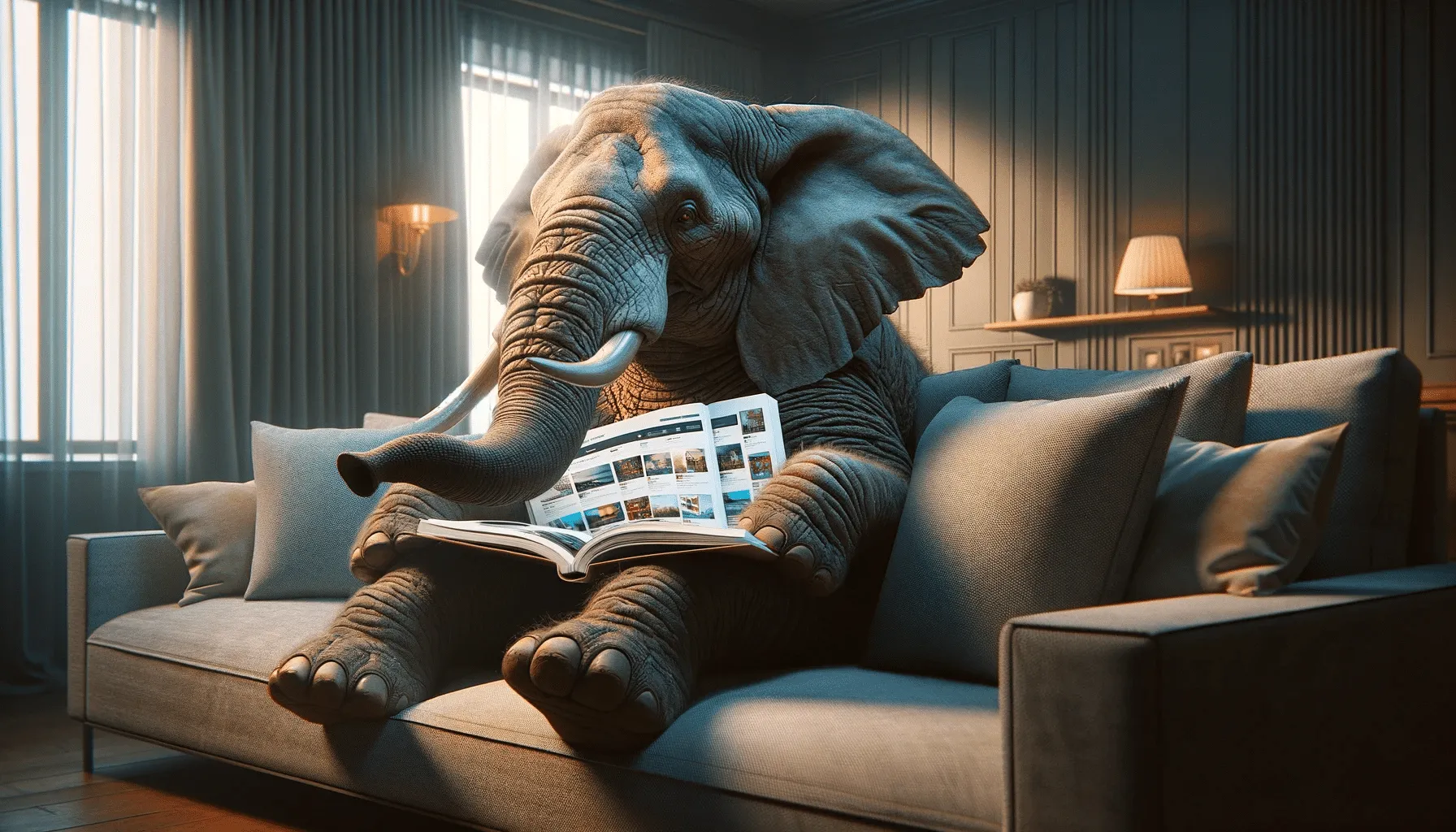 Elefant liest Buch auf Sofa