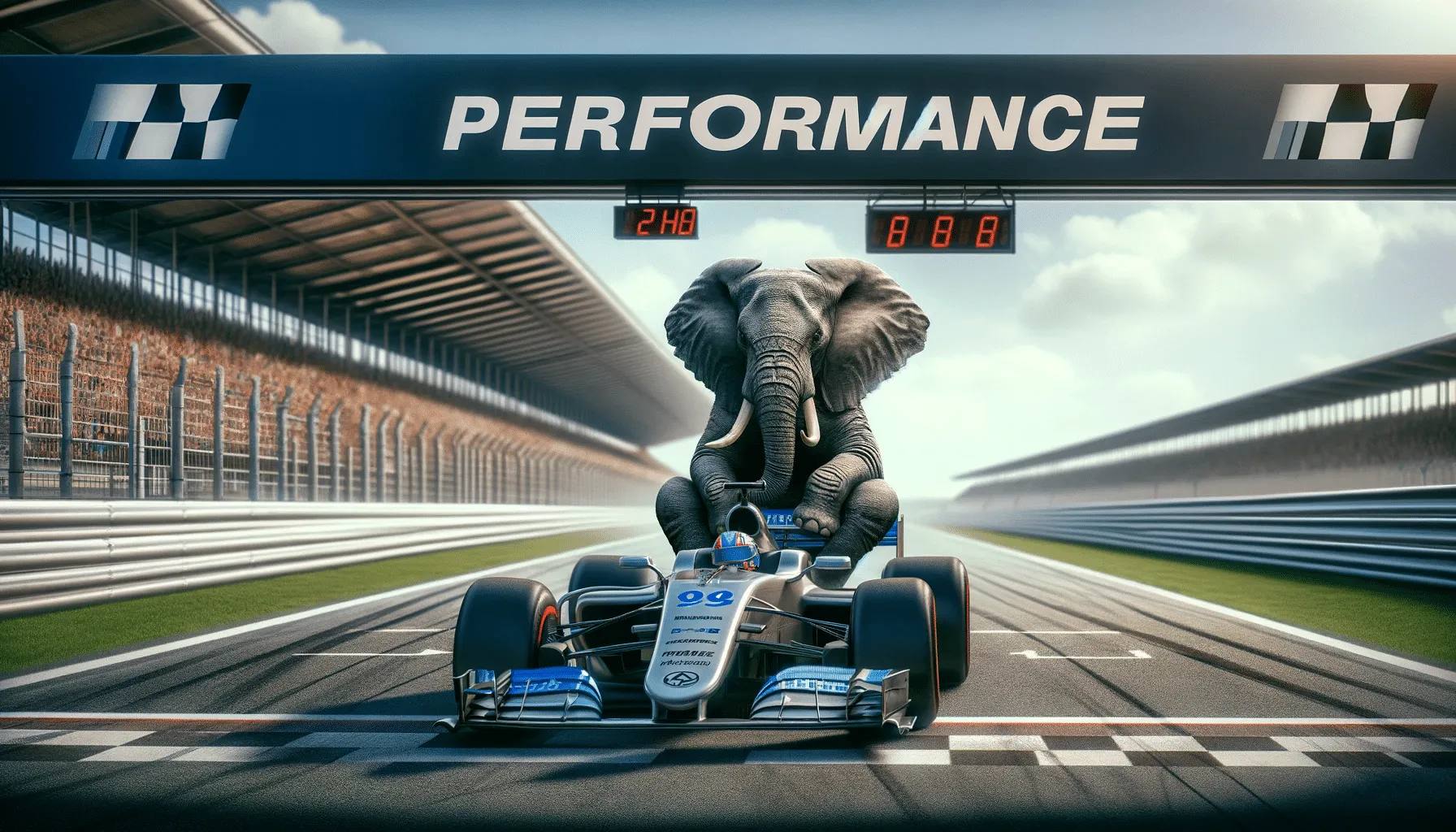 Elefant im Rennauto an Startlinie